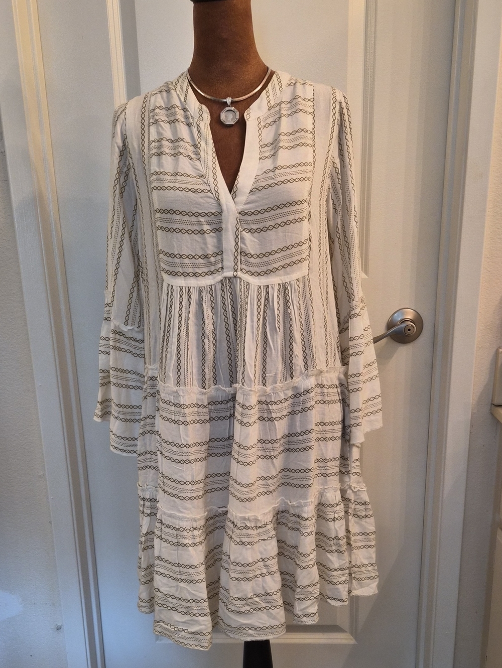 VENUS Cream Boho Tiered Long-Sleeve Dress with Black Stripe Detail.Size S